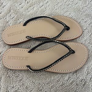 New Mystique Boutique Black Sandals with Gold Accents Black Rhinestones Size 10